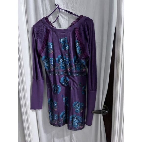 Free People Purple Floral Lace Trimmed Boho Tunic Lg Runs Small - Picture 8 of 11